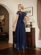 A-line Scoop Illusion Asymmetrical Chiffon Lace Mother of the Bride Dress With Bow Ruffle Sequins