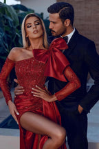 Bow Burgundy Long Sleeve Sequins Mermaid Prom Dress With Split