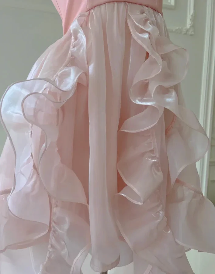 Simple Halter Pink Tulle Pearls Beaded High-Low Ruffles Homecoming Dress Party Dress Y8582