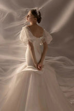 Elegant Mermaid Square Neck Organza Puff Sleeve Satin Wedding Dress with Crystal Trim & Lace-Up Back Q6019