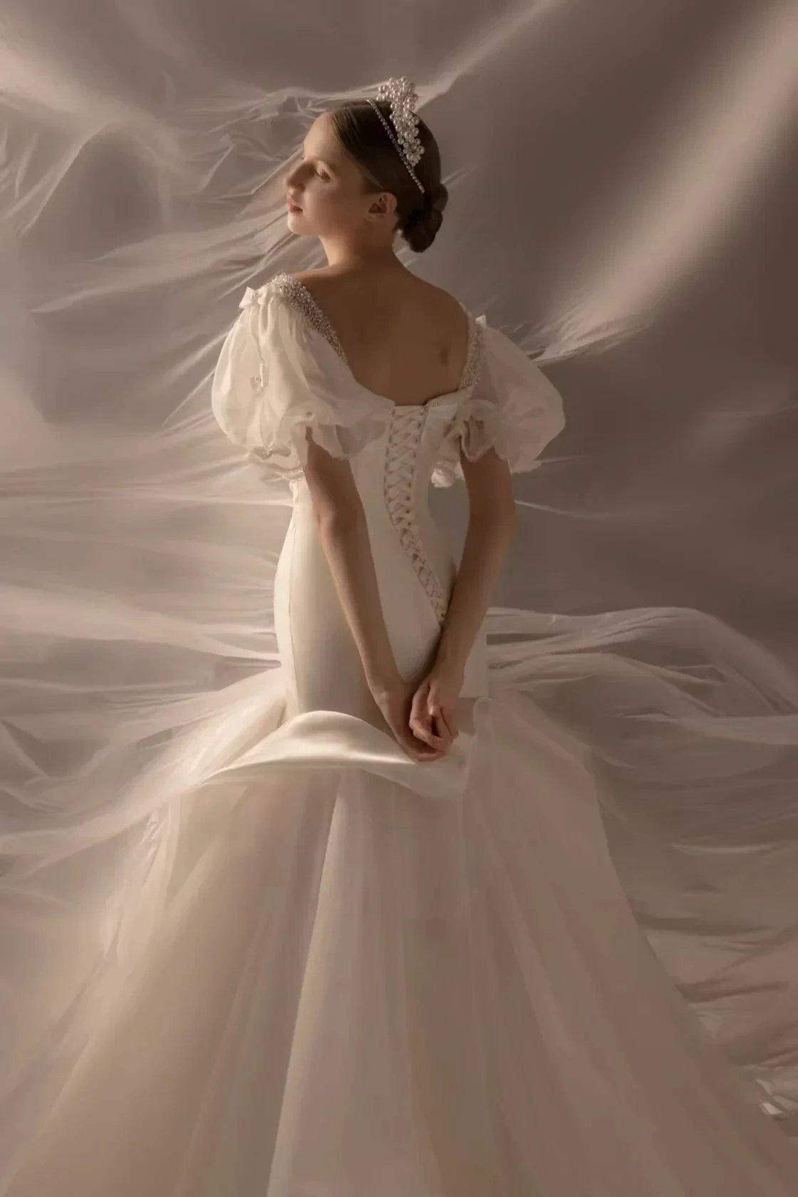 Elegant Mermaid Square Neck Organza Puff Sleeve Satin Wedding Dress with Crystal Trim & Lace-Up Back Q6019