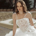 Elegant Spaghetti Straps Wedding Dress Sexy Lace Up Backless Robe Romantic Square Collar Tulle Bridal Gowns