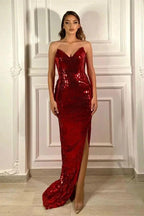 V Neck Mermaid Split Side Burgundy Long Prom Dress with Sequins