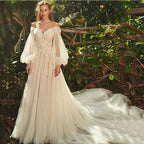 Light Champagne Wedding Dresses Pastrol Puff Long Sleeves 3D Flowers Bride Gowns A-Line Sexy Backless vestidos de novia