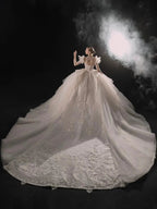 Glamorous V-Neck Ball Gown Long Lace Sleeve Beaded Embroidery Wedding Dress with Ruffled Train E315