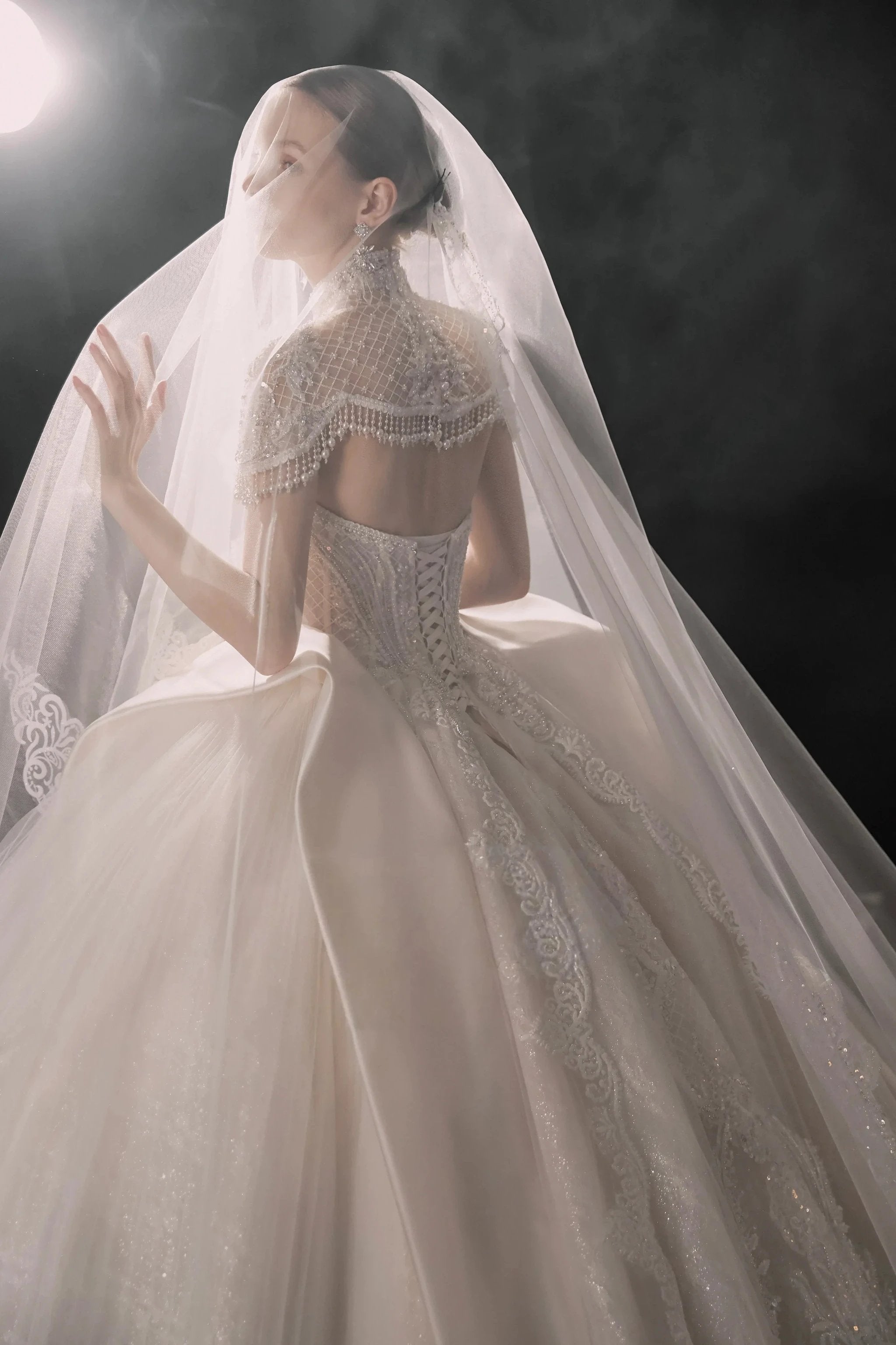 Regal High-Neck Ball Gown Beaded Mesh Capelet Satin Panel Wedding Dress with Embroidered Train Q6005
