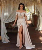 Off The Shoulder Champagne Mermaid Prom Dress with Beadings Split and Ruffles
