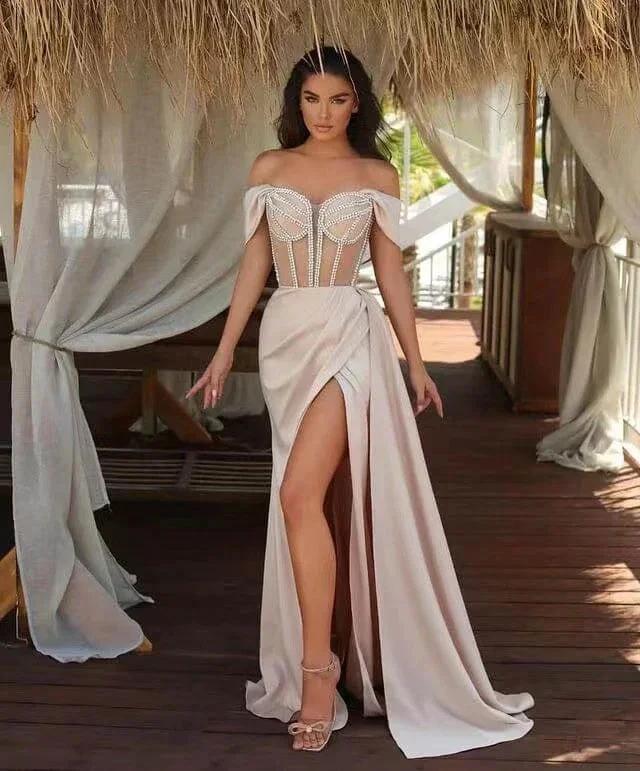 Off The Shoulder Champagne Mermaid Prom Dress with Beadings Split and Ruffles