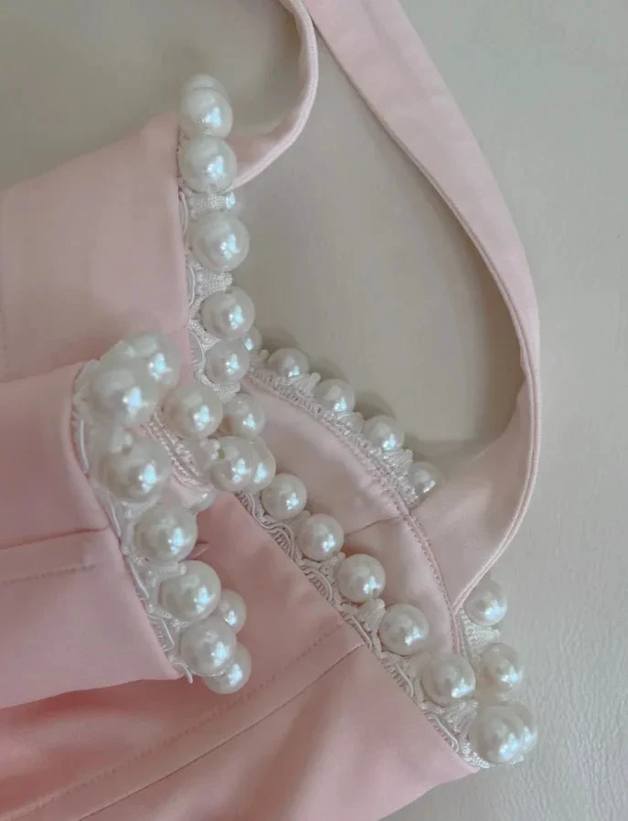 Simple Halter Pink Tulle Pearls Beaded High-Low Ruffles Homecoming Dress Party Dress Y8582