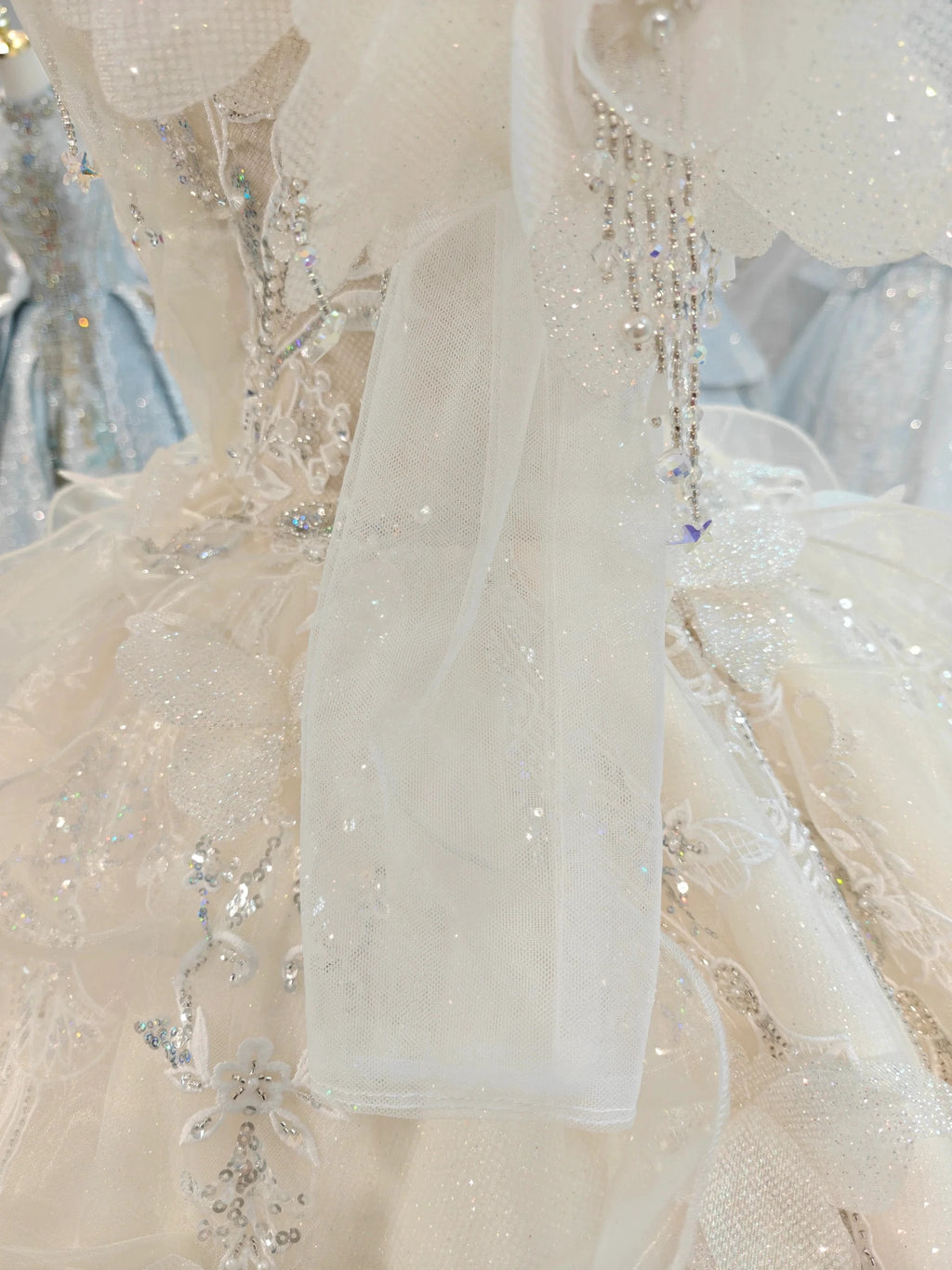 Cream Shimmer Off-Shoulder Ballgown Crystal-Embroidered Skirt & Fringed Collar