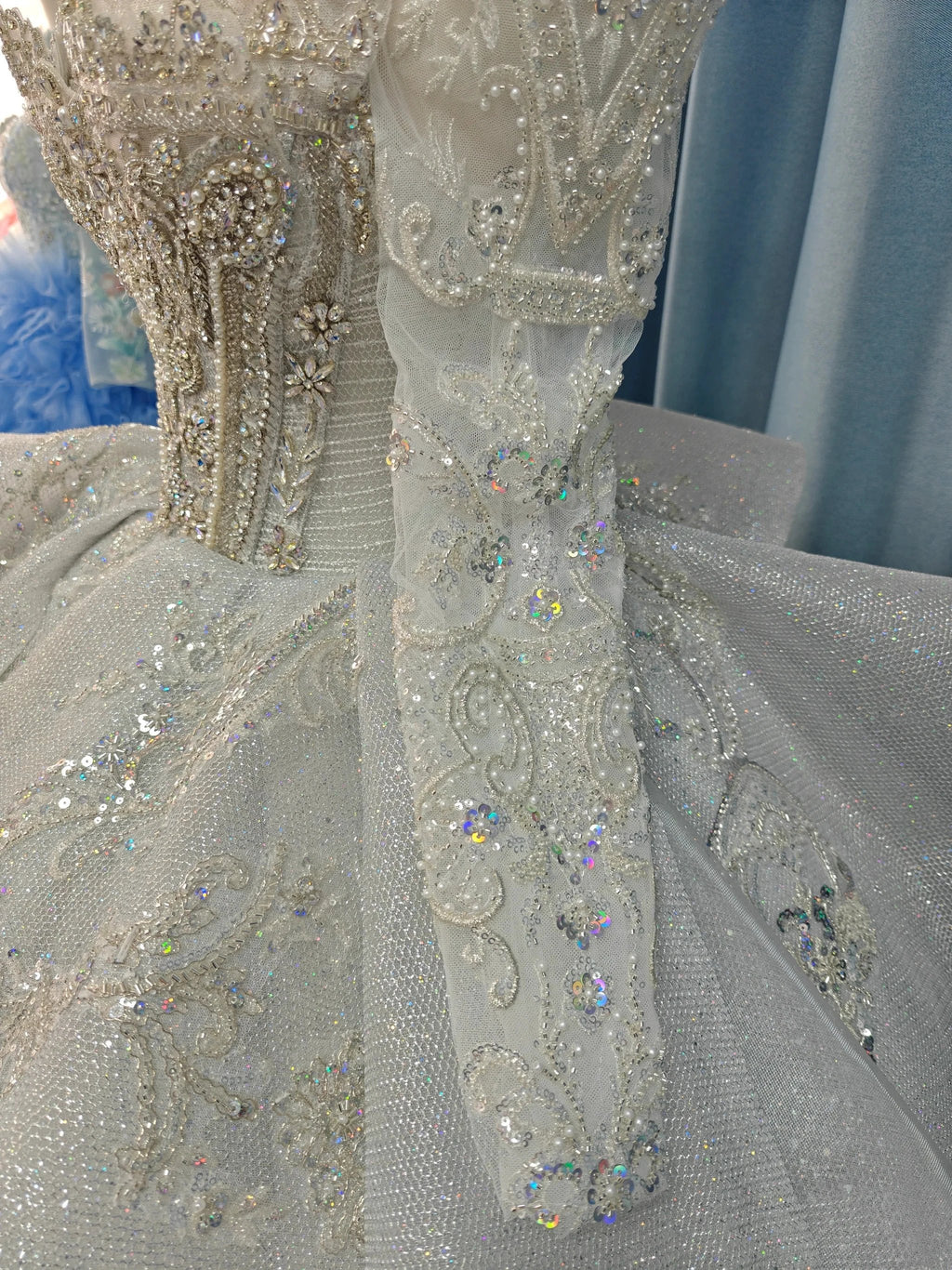 Gorgeous High-Neck Sequin Ball Gown Wedding Dress with Crystal Embroidery & Sheer Long Sleeves Ye-2021