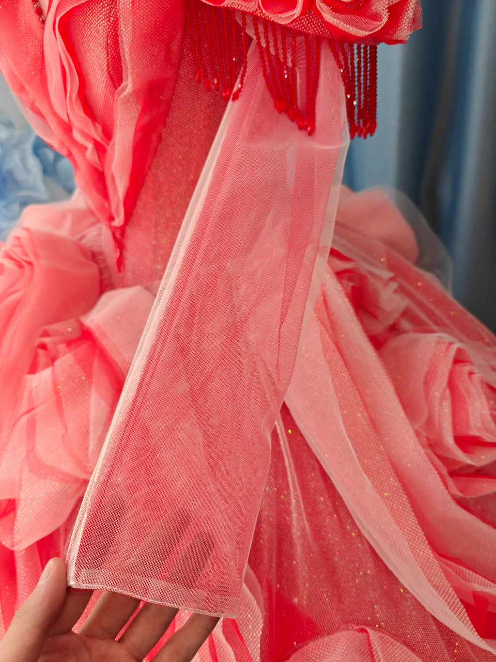 Vibrant Coral Red Off-the-Shoulder Ball Gown Wedding Dress with 3D Rose Appliqués & Beaded Tassels Ye-2036