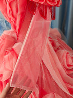Vibrant Coral Red Off-the-Shoulder Ball Gown Wedding Dress with 3D Rose Appliqués & Beaded Tassels Ye-2036