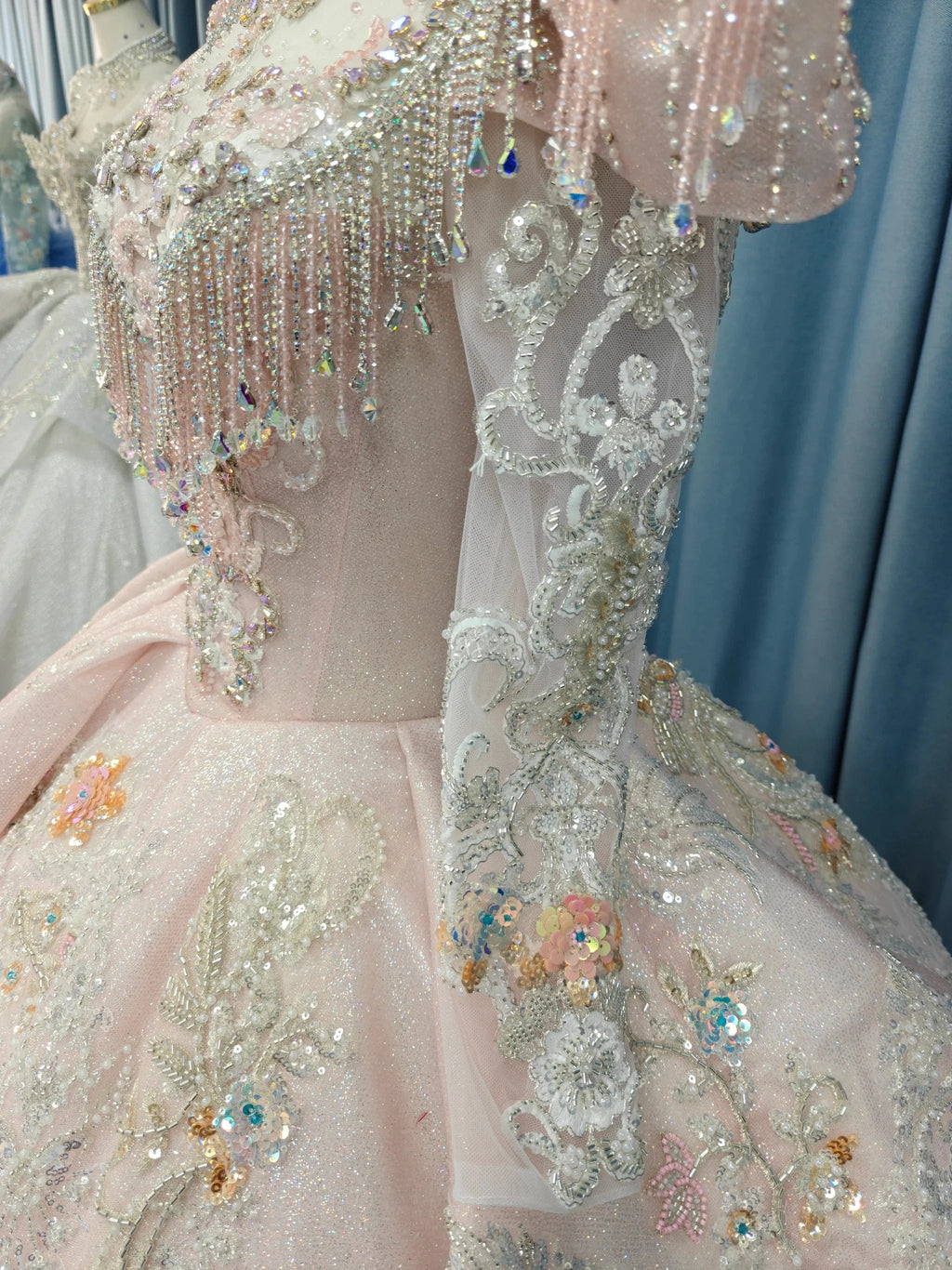 Lavish Blush Pink High-Neck Ball Gown Wedding Dress with Beaded Fringe & 3D Floral Embroidery Ye-2026