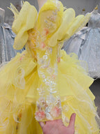 Vibrant Yellow High-Neck Ball Gown Wedding Dress with Ruffled Tulle, 3D Floral Embroidery & Corset Back Ye-2031