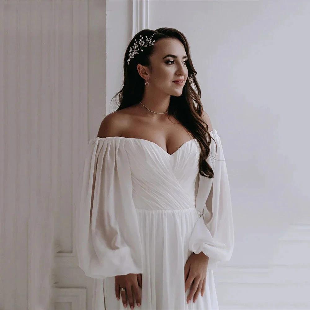 Off the Shoulder Chiffon Boho Wedding Dress 2022 V-Neck Long Lantern Sleeves A-Line Beach Bridal Gowns vestidos de novia