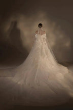 Gorgeous Long Ball Gown Off-the-Shoulder Satin & Tulle Wedding Dress with 3D Embroidery & Cathedral Train Q6013