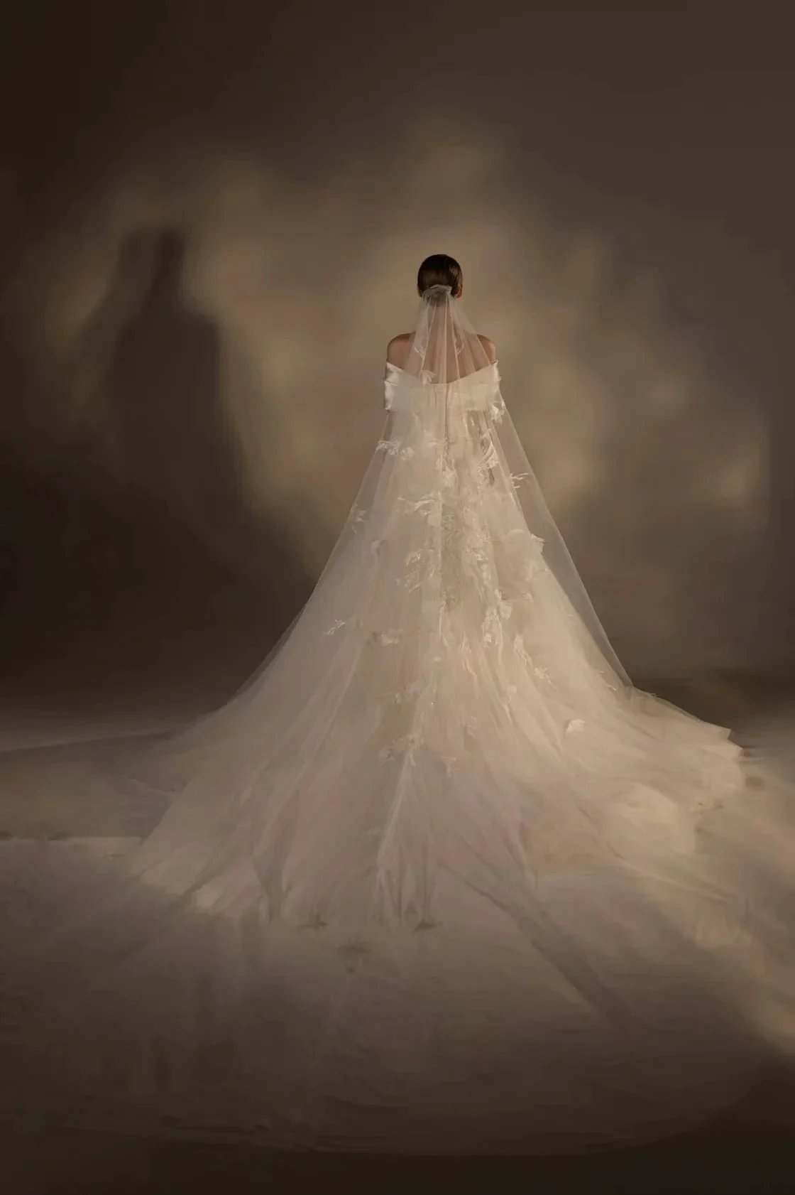 Gorgeous Long Ball Gown Off-the-Shoulder Satin & Tulle Wedding Dress with 3D Embroidery & Cathedral Train Q6013