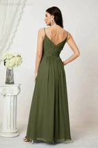 Numbersea Chiffon V-Neck Bridesmaid Dress Spaghetti Strap Long Formal Party Prom Gowns with Slit 28010
