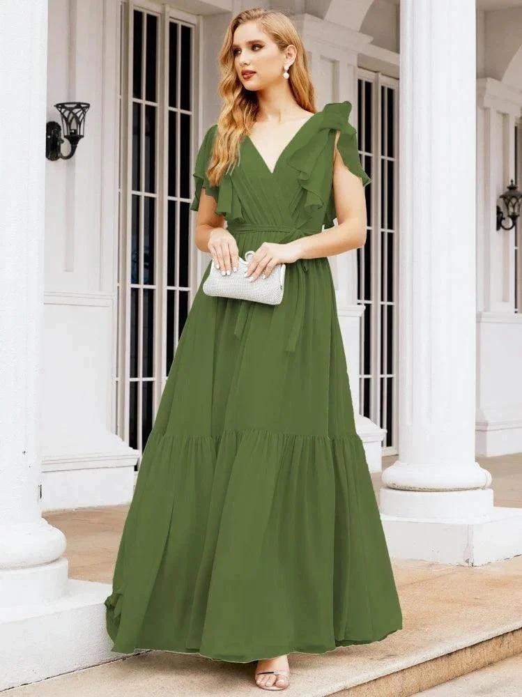 Numbersea Women's Open Back Formal Evening Party Prom Gowns V-Neck Long Chiffon Bridesmaid Dresses with Waist Belt 28038
