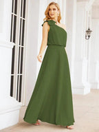 Numbersea Chiffon Ruffled One Shoulder Sleeveless Long Bride Dresses A-line Formal Evening Gown Side Split 28057