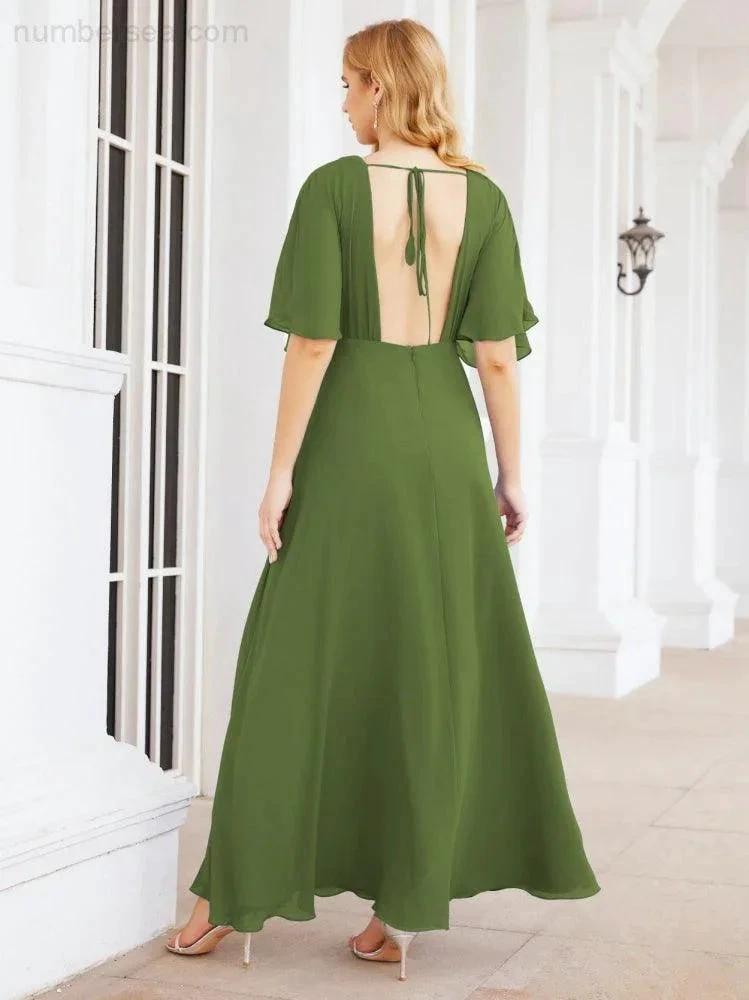 Numbersea V-Neck Bridesmaid Dress Chiffon Long Open Back Formal Dresses for Women Party Evening 28067
