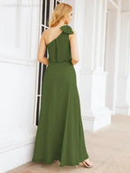 Numbersea Chiffon Ruffled One Shoulder Sleeveless Long Bride Dresses A-line Formal Evening Gown Side Split 28057