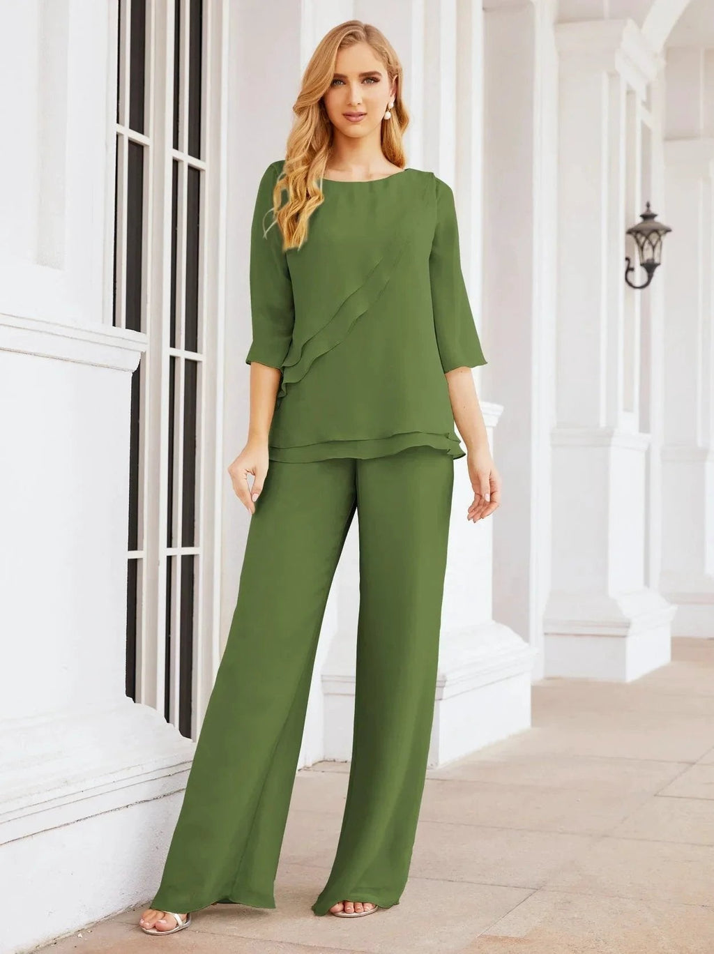 Sunnderly Elegant 2 Piece Mother of The Bride Dress Plus Size Pant Suits Ruffle Layers Sliver Housecoat SY28064