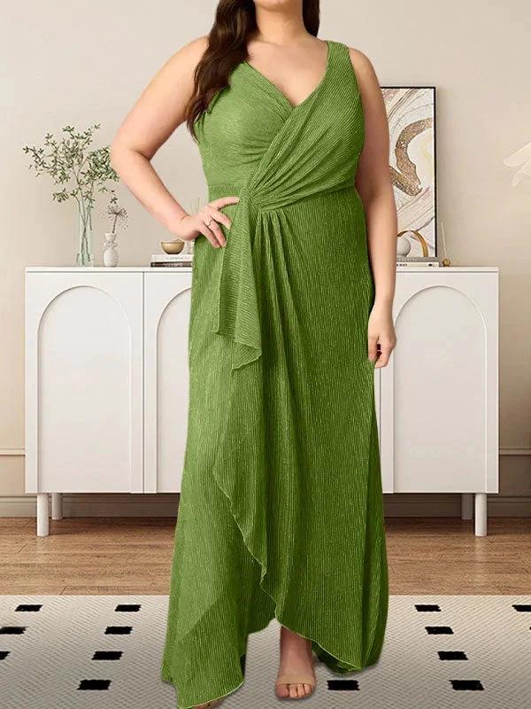 A-Line V-Neck Ruched Metallic Mesh Dress