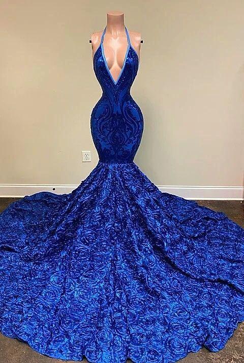 Deep V-neck Halter Mermaid Prom Dress with  Sequins and Floral