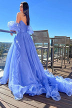 Lavender Strapless A-Line Prom Dress with Puff Sleeves