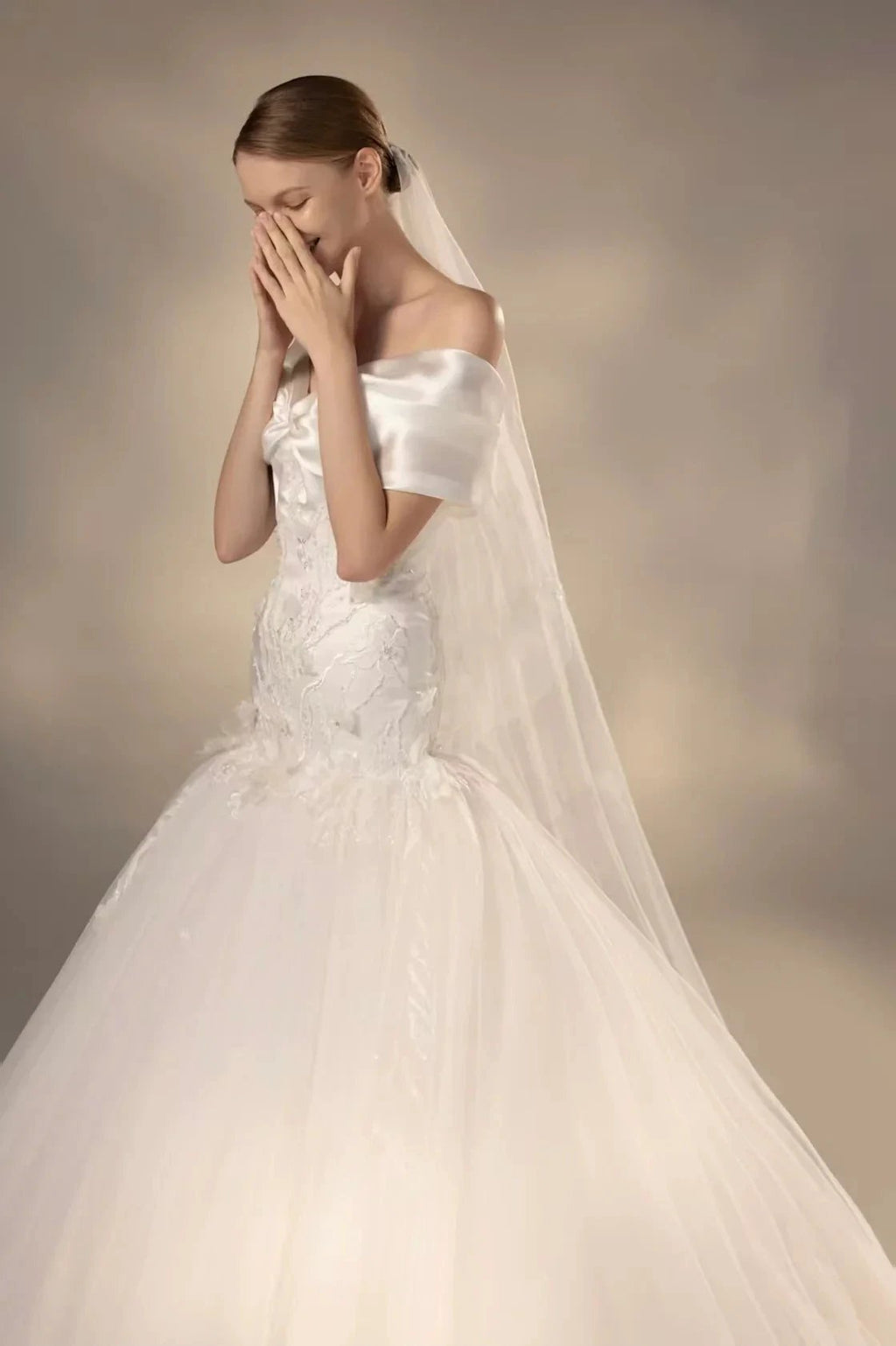 Gorgeous Long Ball Gown Off-the-Shoulder Satin & Tulle Wedding Dress with 3D Embroidery & Cathedral Train Q6013