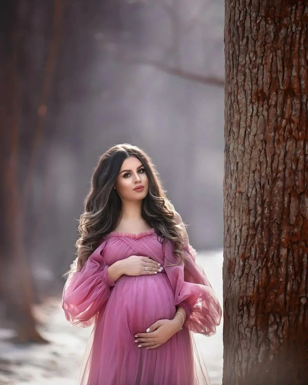 Puffy Sleeve Maternity Dress Tulle Robe for Photoshoot Off Shoulder Pregnancy Baby Shower Gown