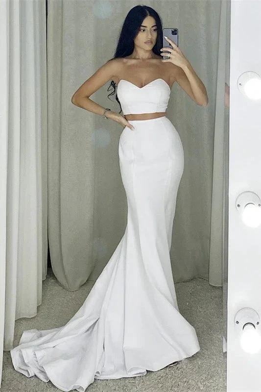 Two Piece Strapless Long Mermaid White Prom Dress