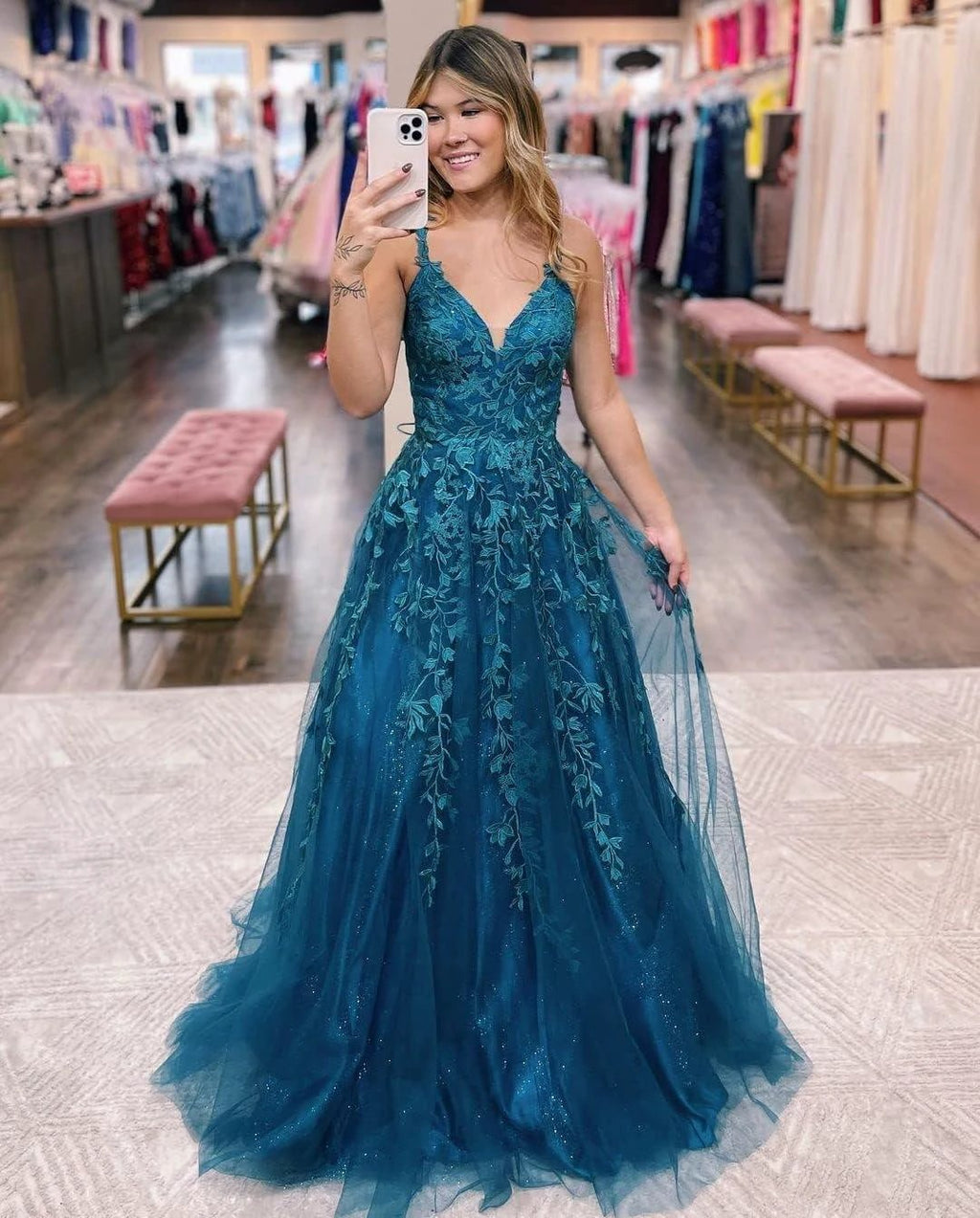 Floral Lace Glitter Tulle Prom Dress Long Ball Gown V Neck Formal Evening Dress Maxi Party Gown