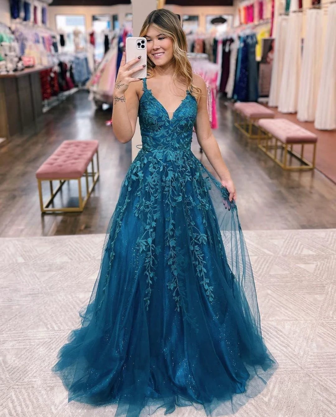 Floral Lace Glitter Tulle Prom Dress Long Ball Gown V Neck Formal Evening Dress Maxi Party Gown