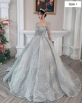 Modern Sparkly Silver Long Sleeves Wedding Dress With Glitter Tulle Y1158