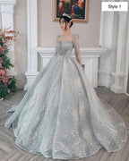 Modern Sparkly Silver Long Sleeves Wedding Dress With Glitter Tulle Y1158