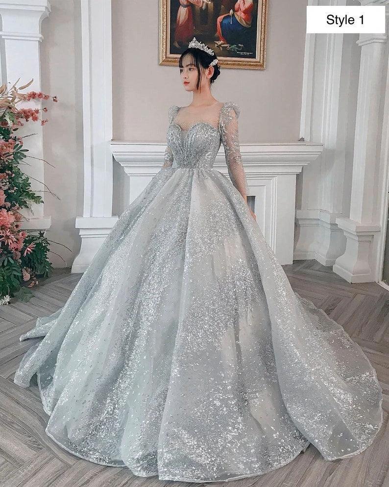 Modern Sparkly Silver Long Sleeves Wedding Dress With Glitter Tulle Y1158