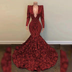 Luxury Prom Dress V Neck Long Sleeves Sequin African Black Girl Mermaid Gala Formal Party Evening Gowns  Y1153