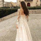 Elegant Round Neck Wedding Dresses 2023 Lace Long Sleeve Decal A-line  Fashion Women's Bridal Dress Robe Back Strap Design De