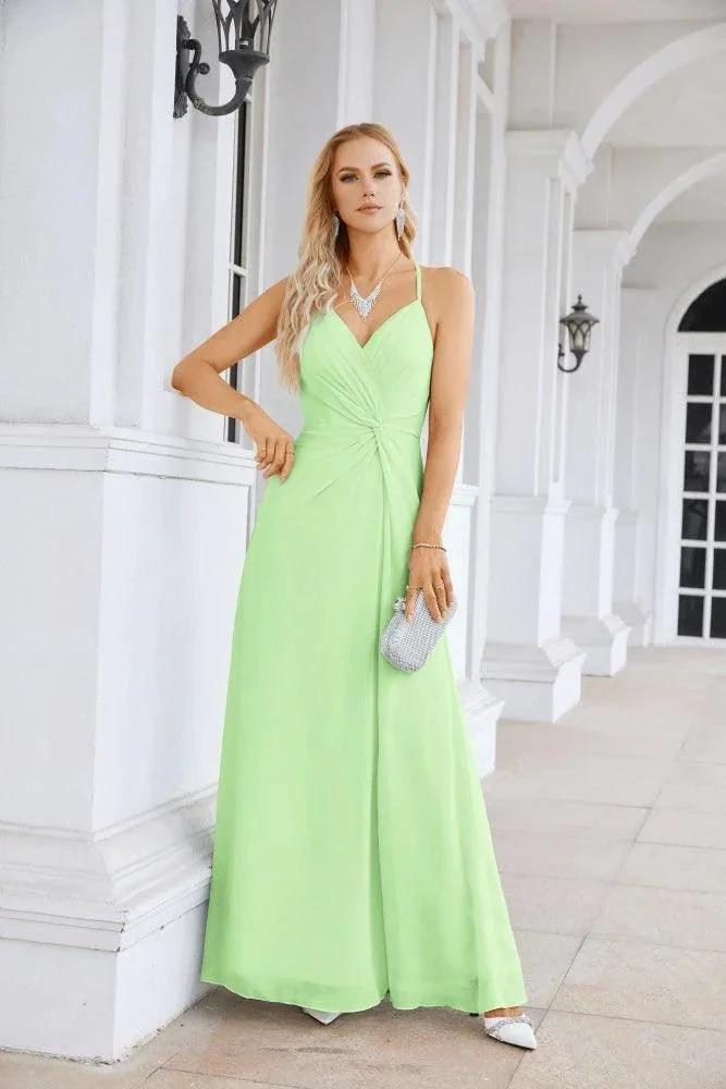 Ladies Chiffon Spaghetti Strap V Neck Front Slit Floor Length Bridesmaid Evening Dress Prom Party Wedding Evening Dress 28116