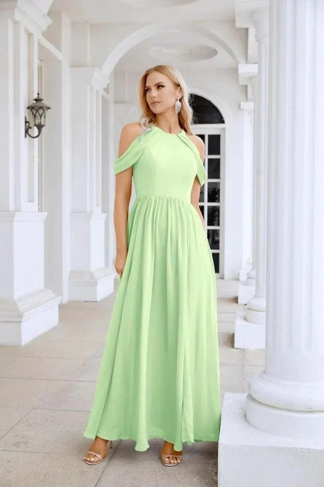 Ladies Chiffon Off Shoulder Swing Sleeve Front Slit Bridesmaid Evening Dress Wedding Party Evening Dress 28117