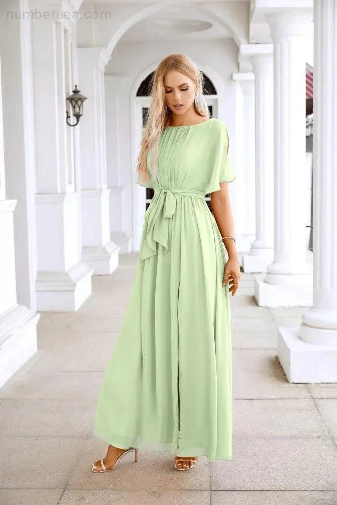 Ladies Chiffon Sleeve Crew Neck Front Slit Floor Length Bridesmaid Evening Dress Wedding Party Evening Dress 28124