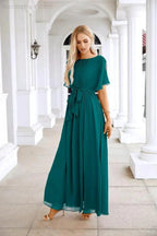 Ladies Chiffon Sleeve Crew Neck Front Slit Floor Length Bridesmaid Evening Dress Wedding Party Evening Dress 28124