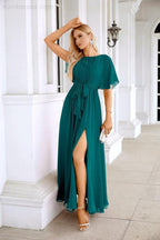 Ladies Chiffon Sleeve Crew Neck Front Slit Floor Length Bridesmaid Evening Dress Wedding Party Evening Dress 28124