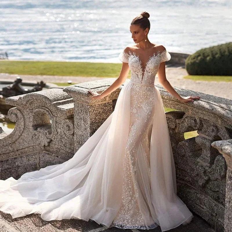 Luxury Detachable 2 In 1 Wedding Mermaid Dress Embroidered Lace On Net With Square Collar Sleeveless Bride Gowns Vestido De Novi