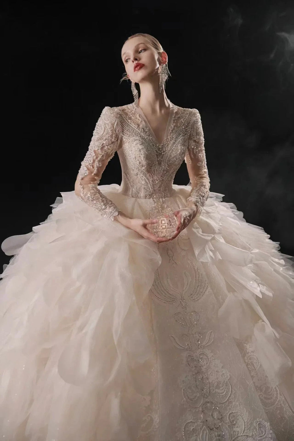 Luxurious V-Neck Ball Gown Long Lace Sleeve Beaded Embroidery Wedding Dress with Layered Ruffled Train E310