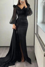 Long Sleeves V-neck Satin Mermaid Prom Dresses with Split