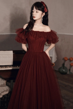 Burgundy Off The Shoulder Tulle Line Prom Dress Evening Dress Y8351